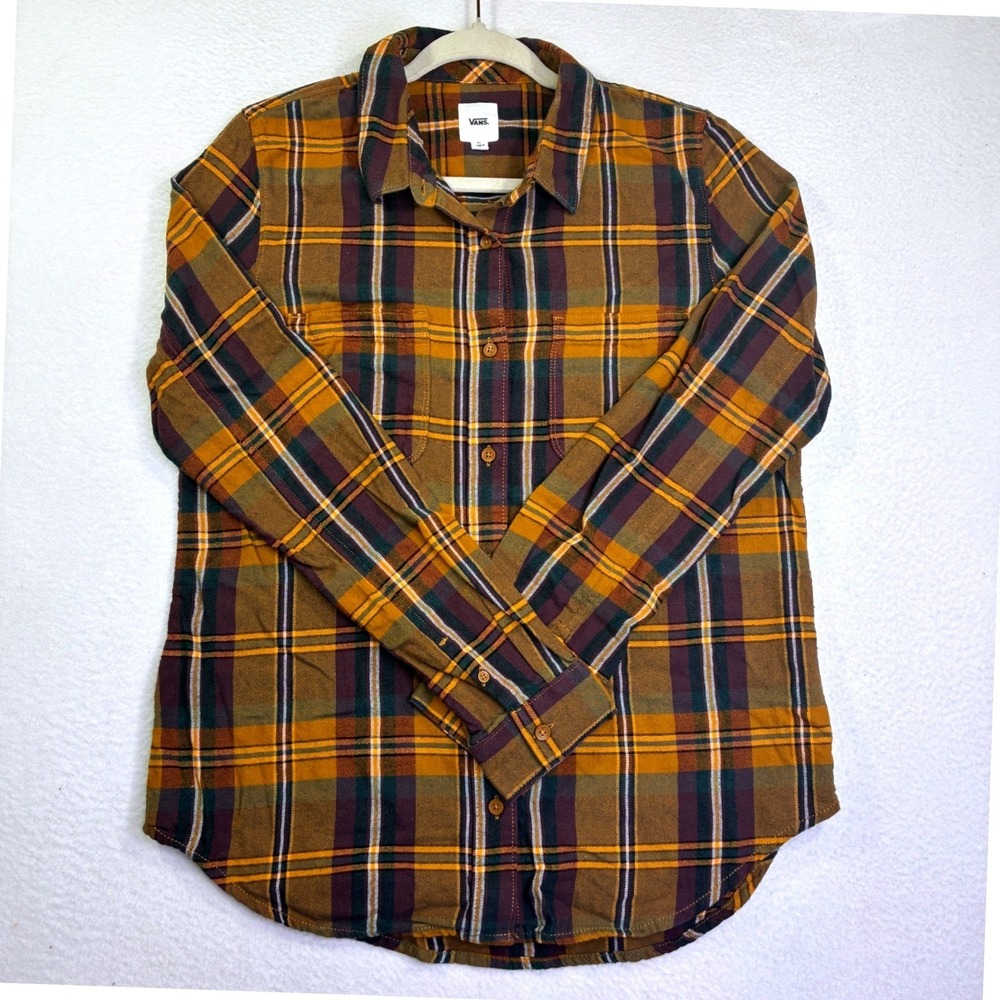 Vans Mens Medium Plaid Flannel Button Down Shirt Yellow Burgundy Long Sleeve